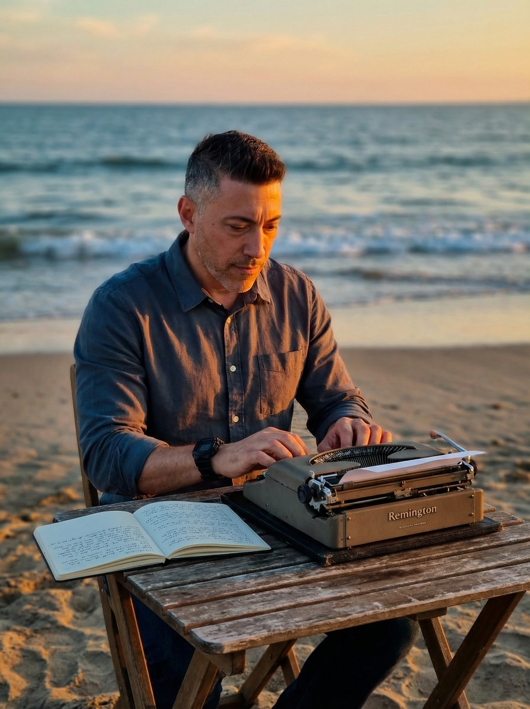 Carlos Blum en la playa con una máquina de escribir
