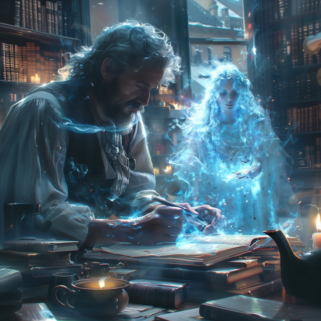 Escritor en una biblioteca iluminado por una figura etérea azul