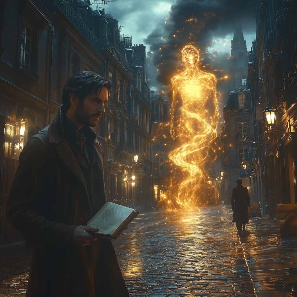 Figura luminosa en una calle nocturna con un escritor observando