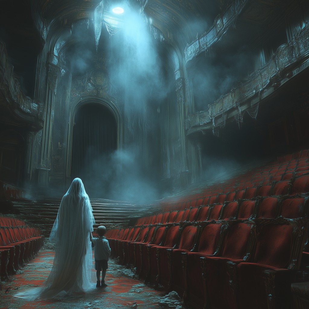 Teatro antiguo envuelto en niebla con una figura etérea y un niño