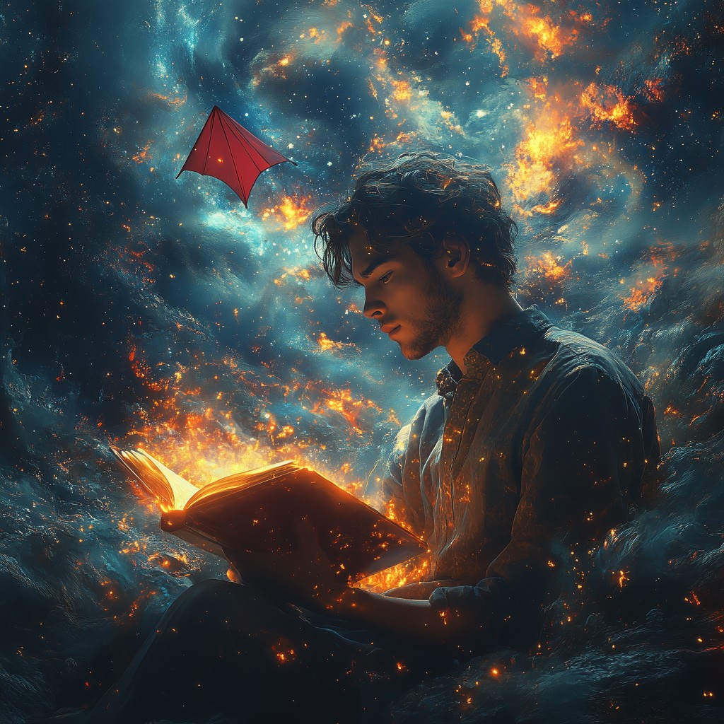 Joven leyendo un libro luminoso en un paisaje cósmico
