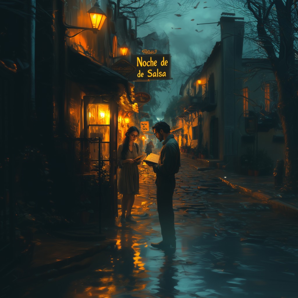 Calle nocturna con letrero de salsa y una pareja leyendo