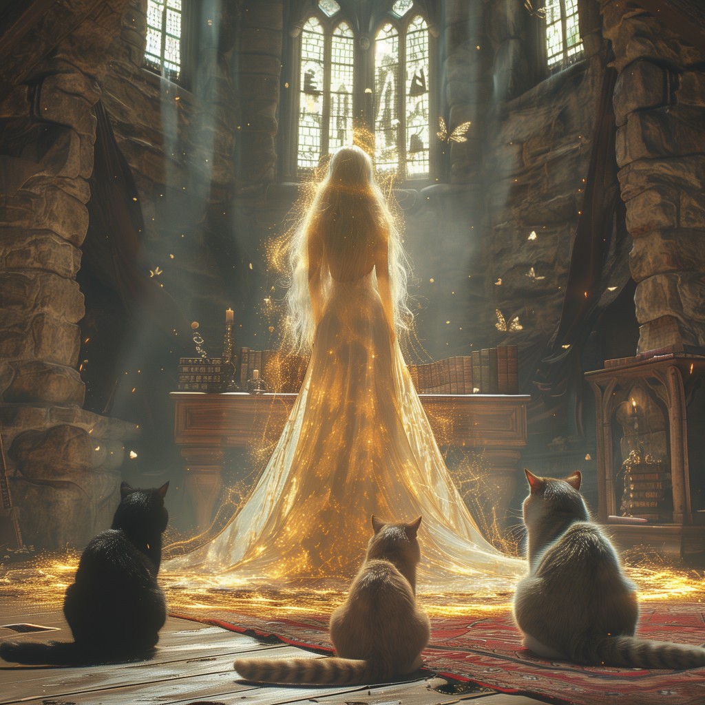 Mujer luminosa en una biblioteca antigua con gatos observando