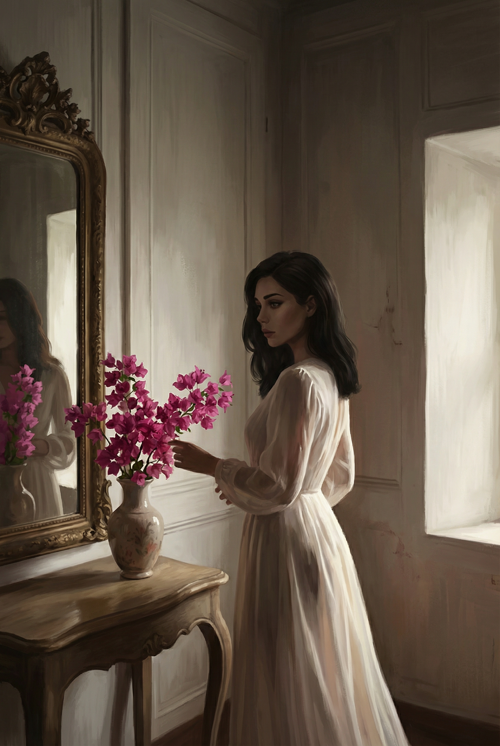 Mujer frente a un espejo antiguo en una habitación con luz suave