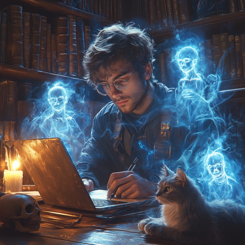 Escritor en biblioteca rodeado de figuras etéreas azules y un gato
